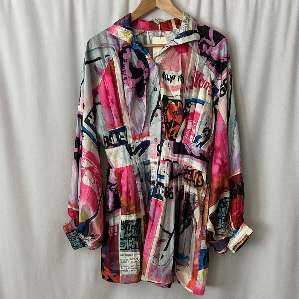 Ma Chérie NWT Colorful Abstract Long Sleeve Button Front Mini Dress **Sz S**🌺🌸